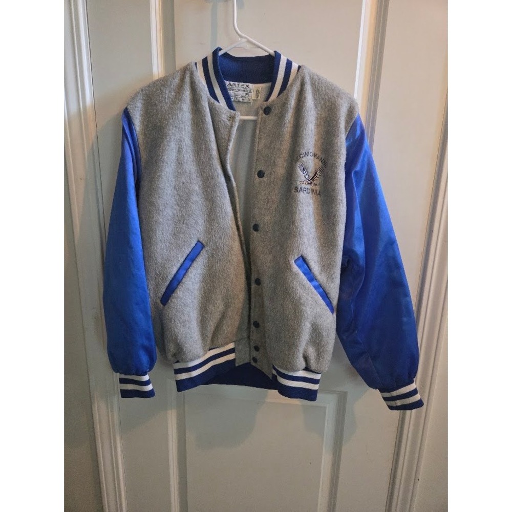 Vintage Artex Decimomannu Sardinia Varsity Jacket Gray Blue Mens Medium USA Made